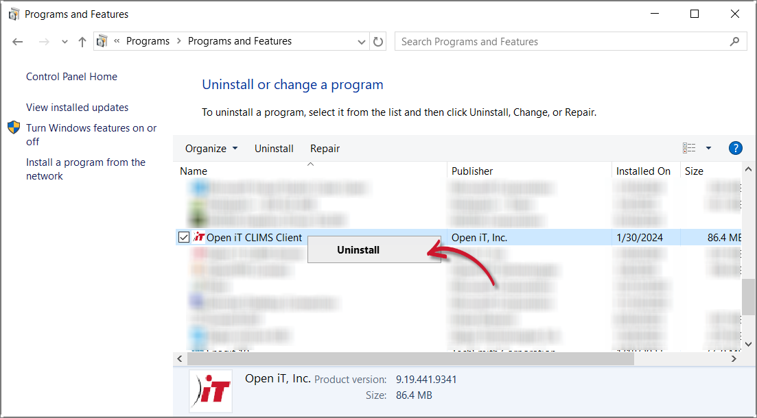 Control Panel: Uninstall Option 1