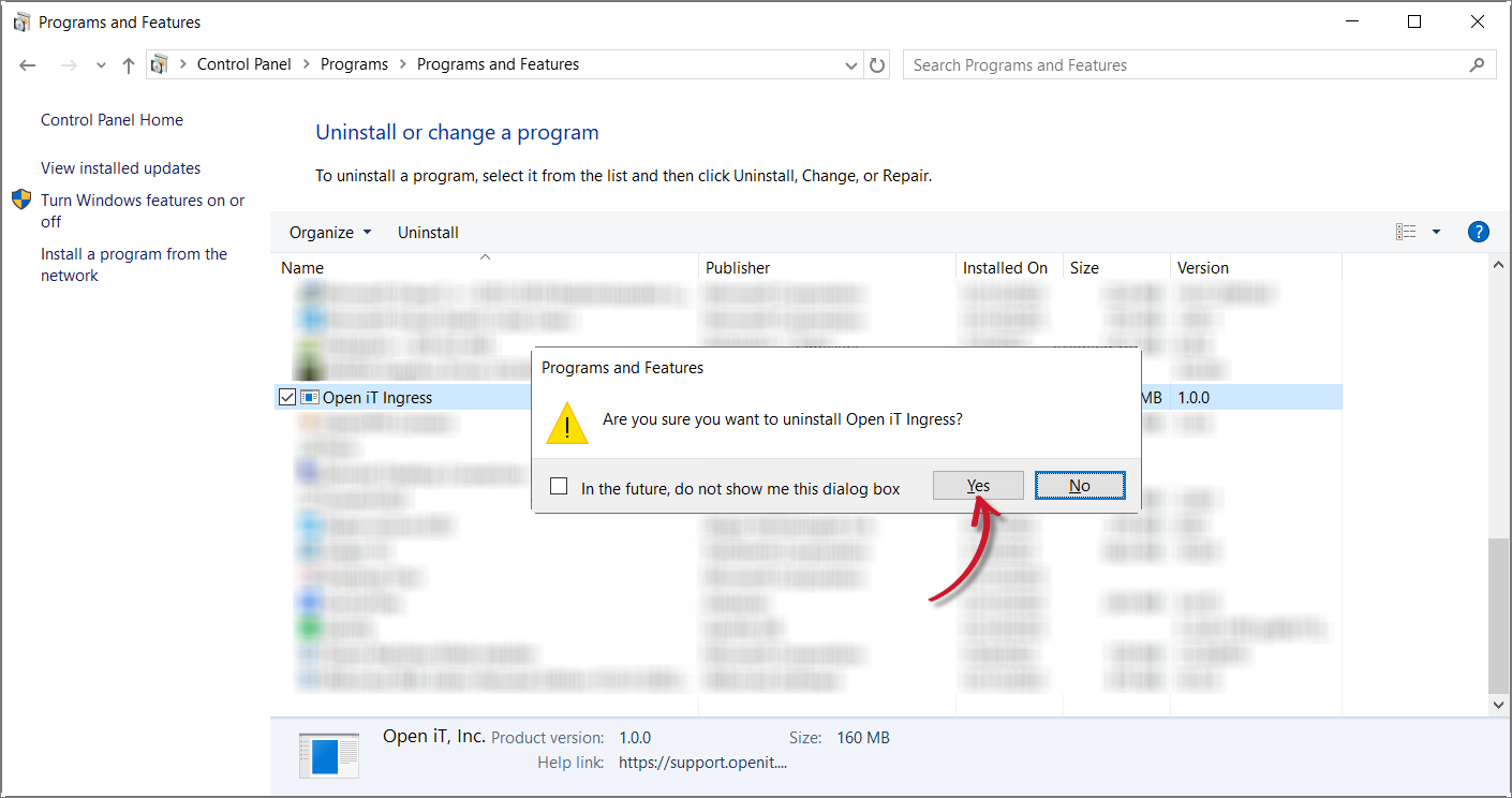 Control Panel: Confirm Uninstallation