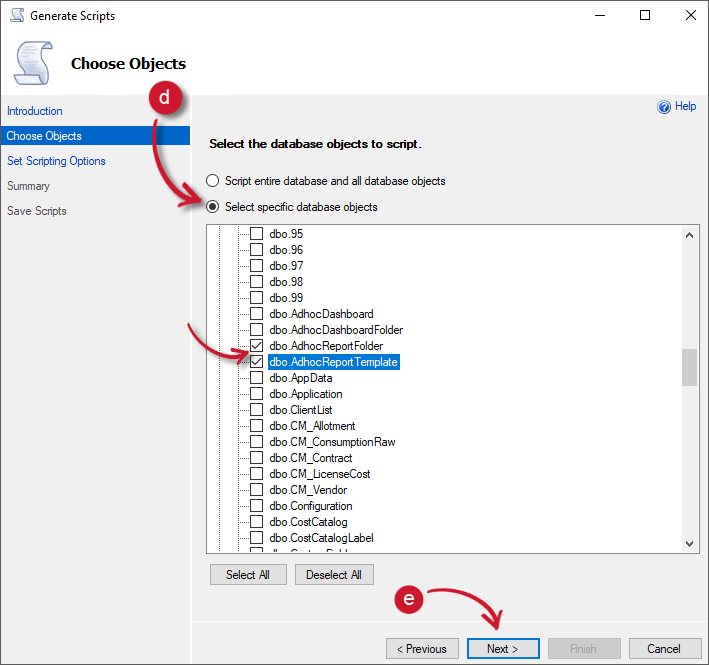 Generate Scripts Tables
