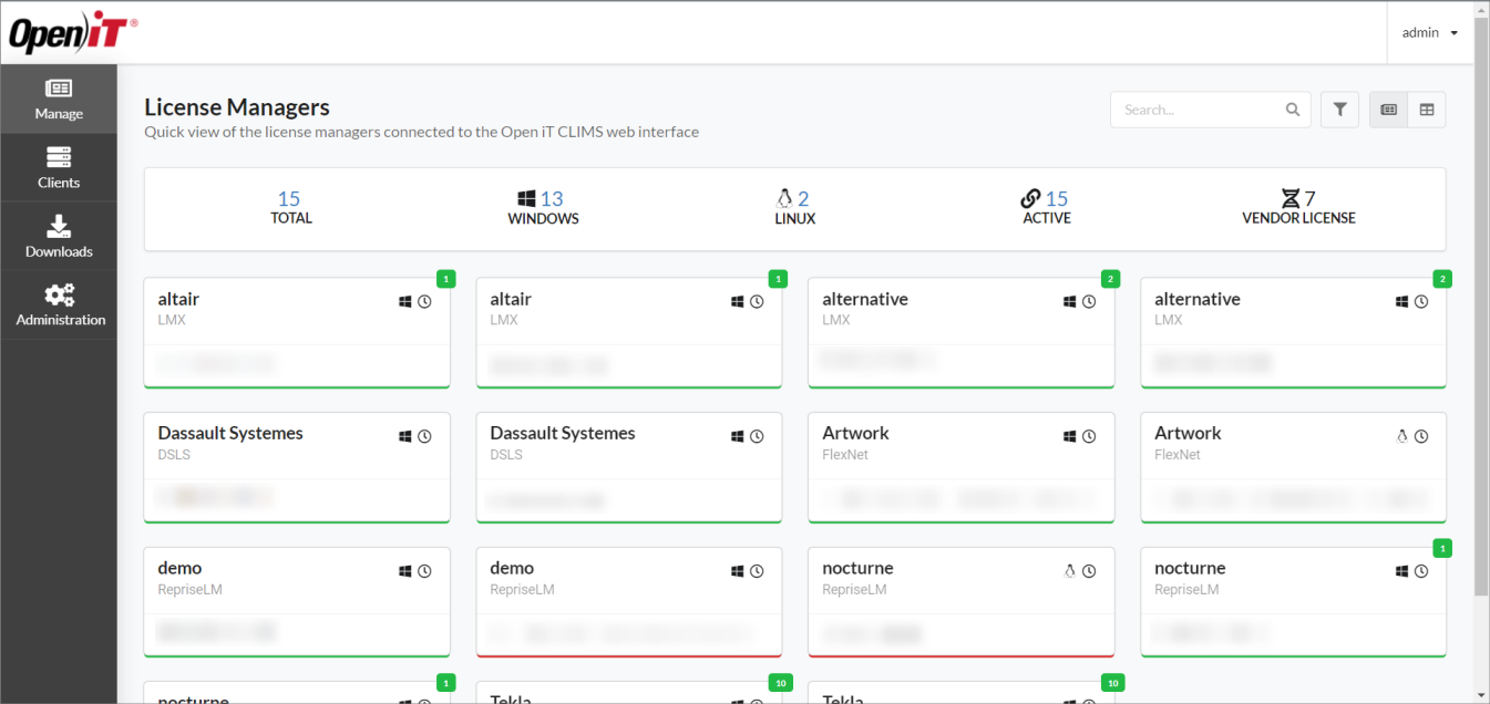 License Managers Page (Default View)
