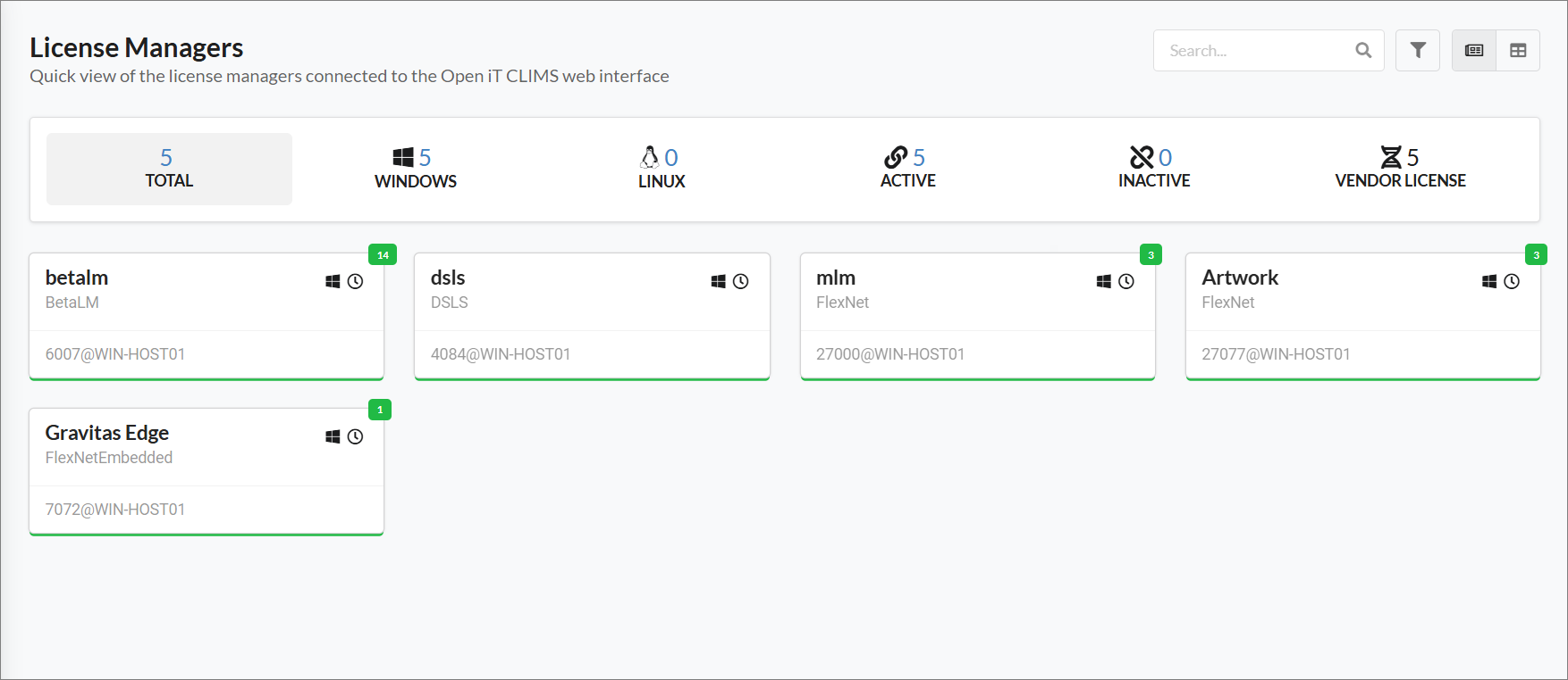 License Managers Page (Default View)