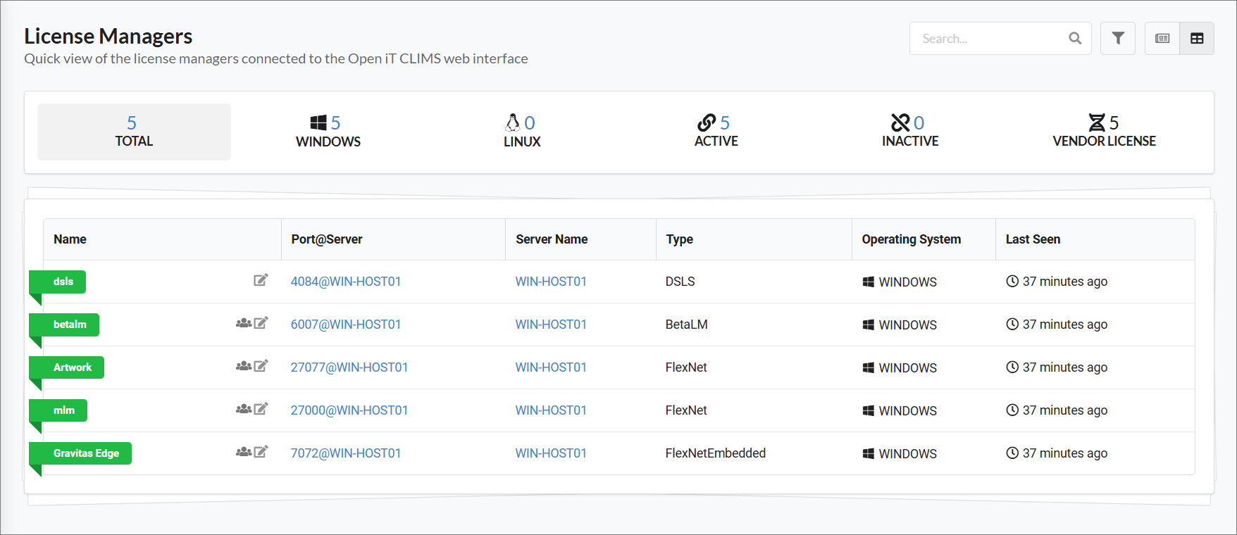License Managers Page (Table View)