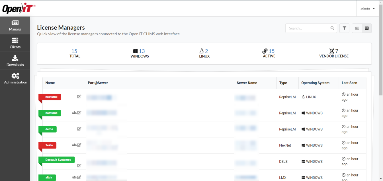 License Managers Page (Table View)
