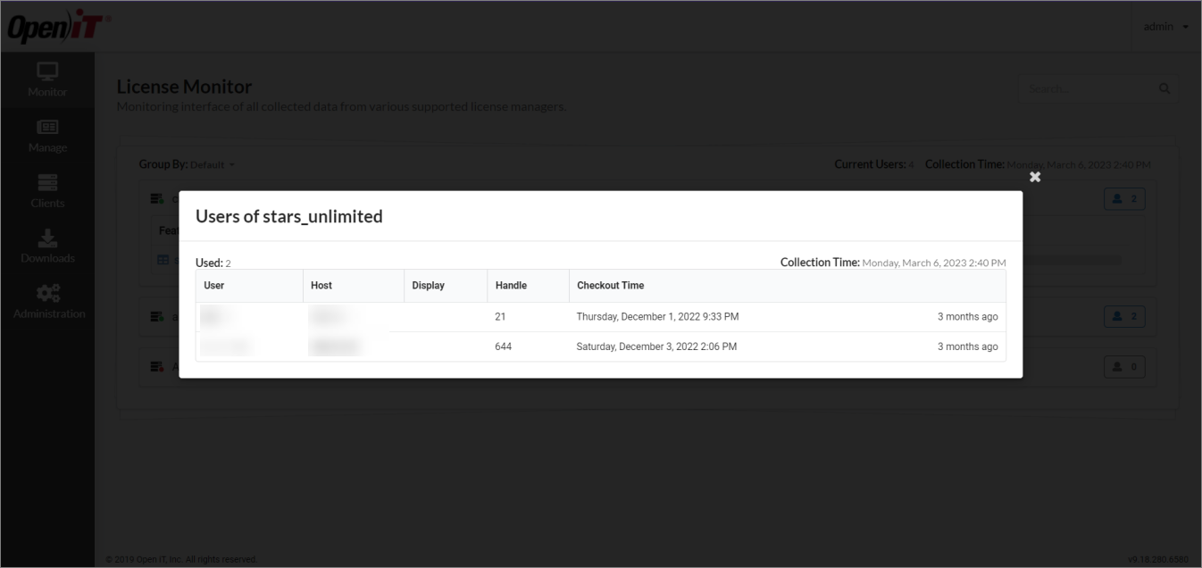 License Monitor Page: Users per Feature