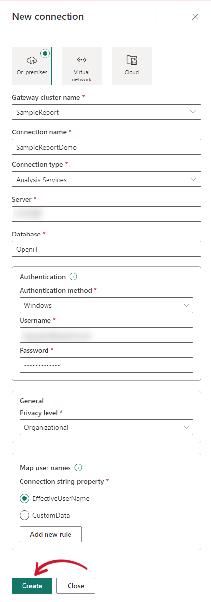 Filling in Connection details