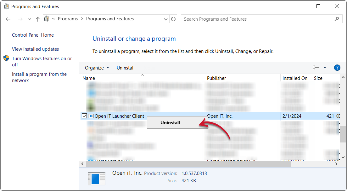Control Panel: Uninstall Option 1
