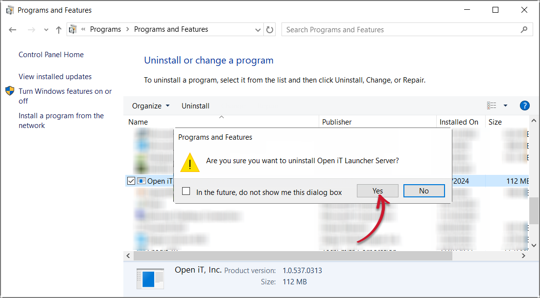 Control Panel: Confirm Uninstallation