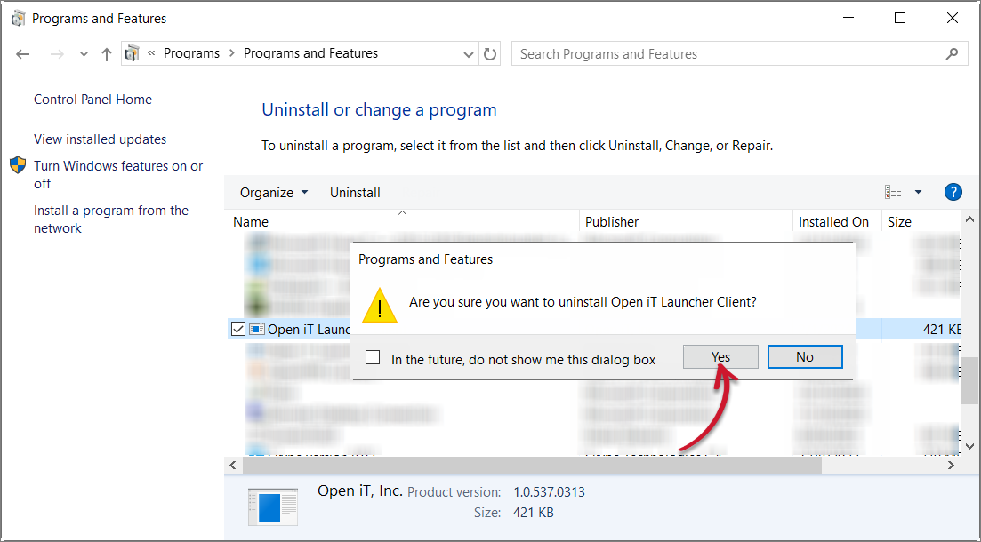 Control Panel: Confirm Uninstallation