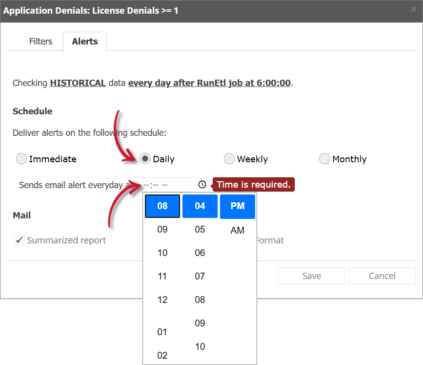 Application Denials Alert Settings Daily