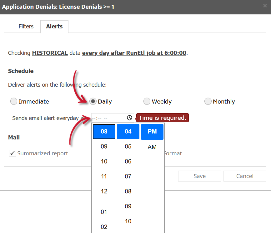 Application Denials Alert Settings Daily