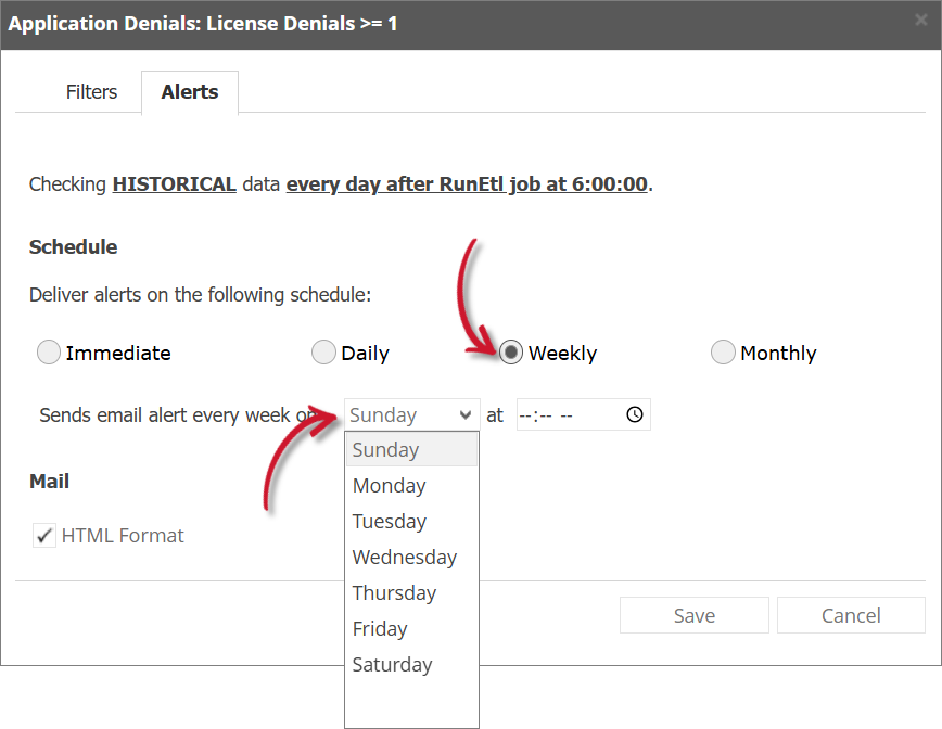 Application Denials Alert Settings Weekly