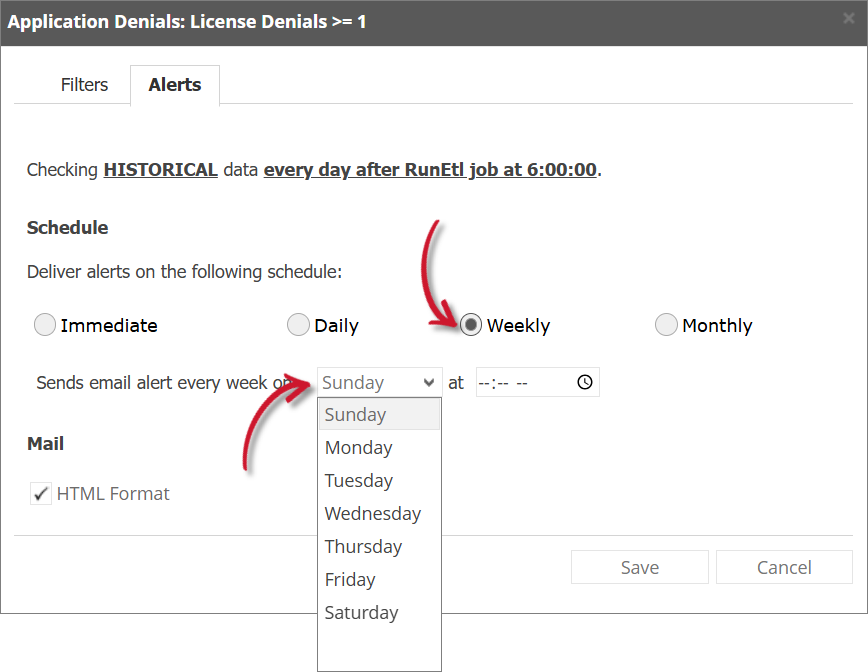 Application Denials Alert Settings Weekly