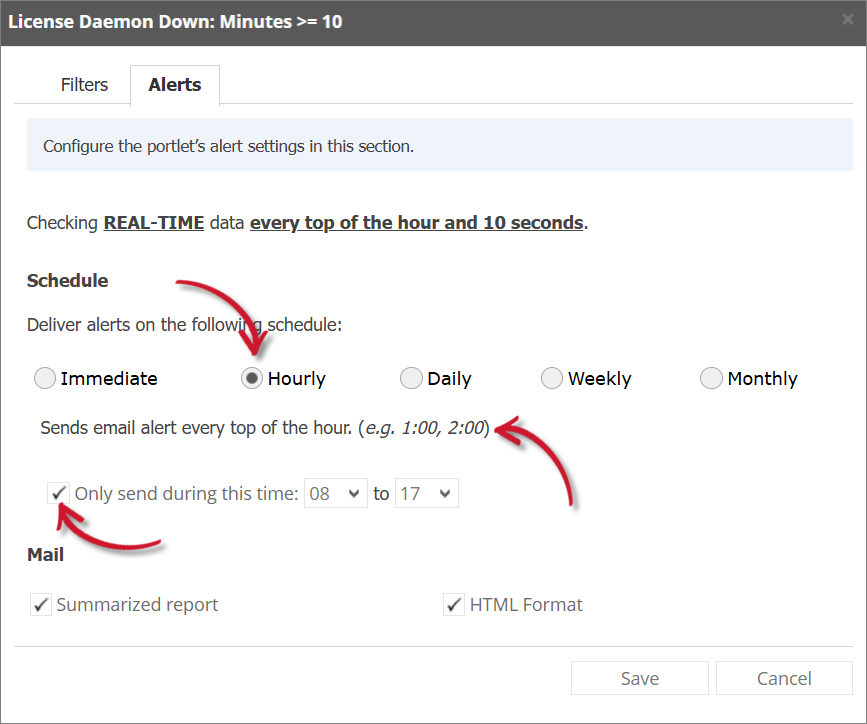 License Daemon Down Alert Settings Hourly