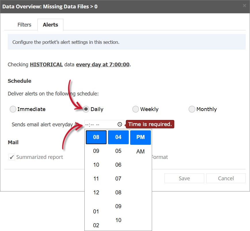 Data Overview Alert Settings Daily