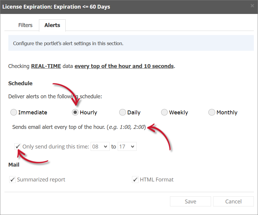 License Expiration Alert Settings Hourly