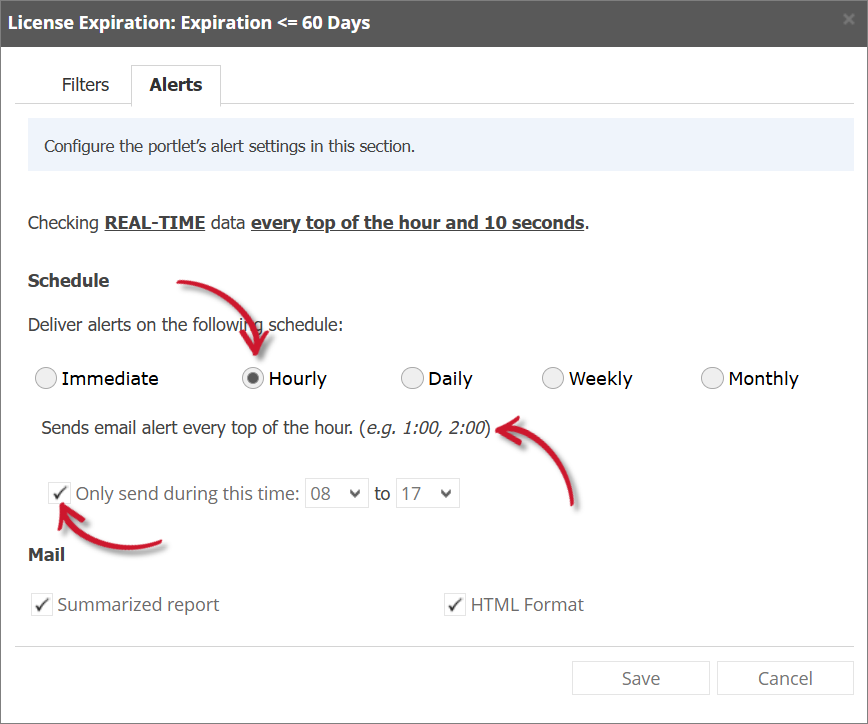 License Expiration Alert Settings Hourly