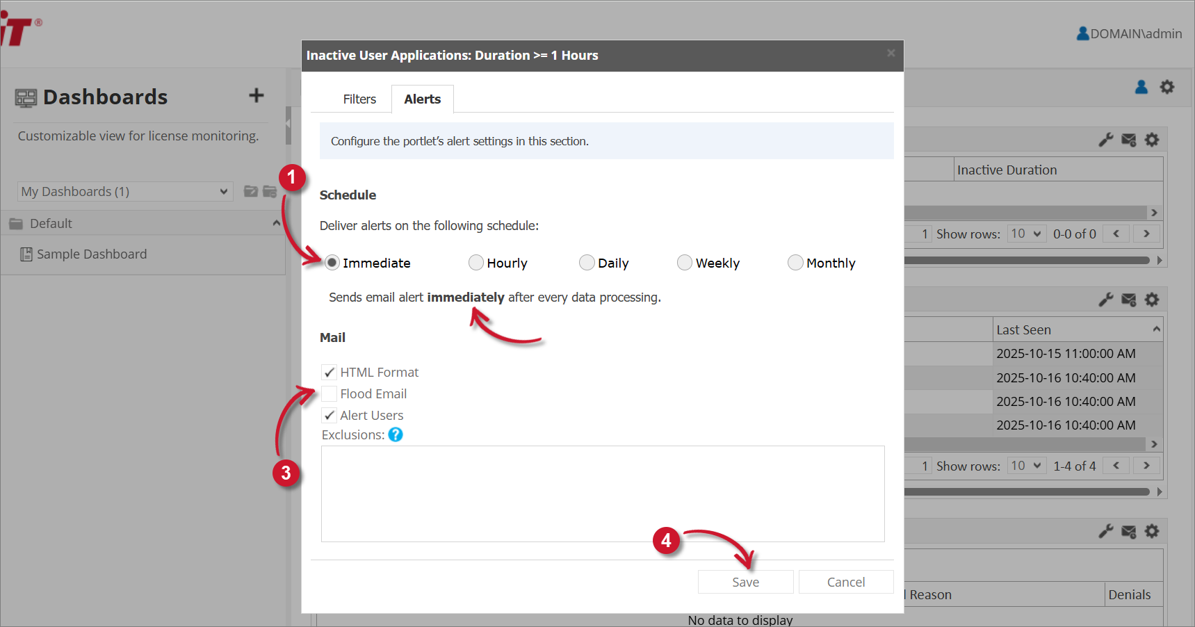 Inactive User Applications Alert Settings