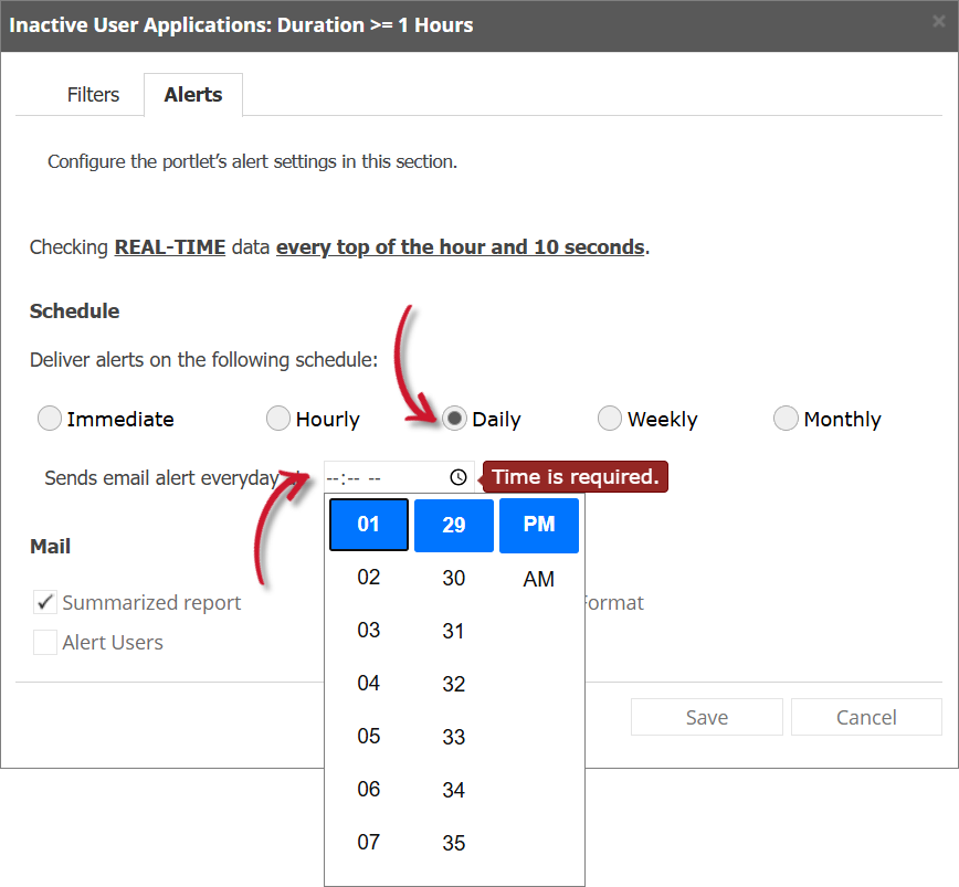 Inactive User Applications Alert Settings Daily