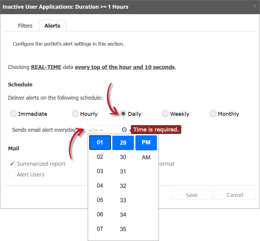 Inactive User Applications Alert Settings Daily