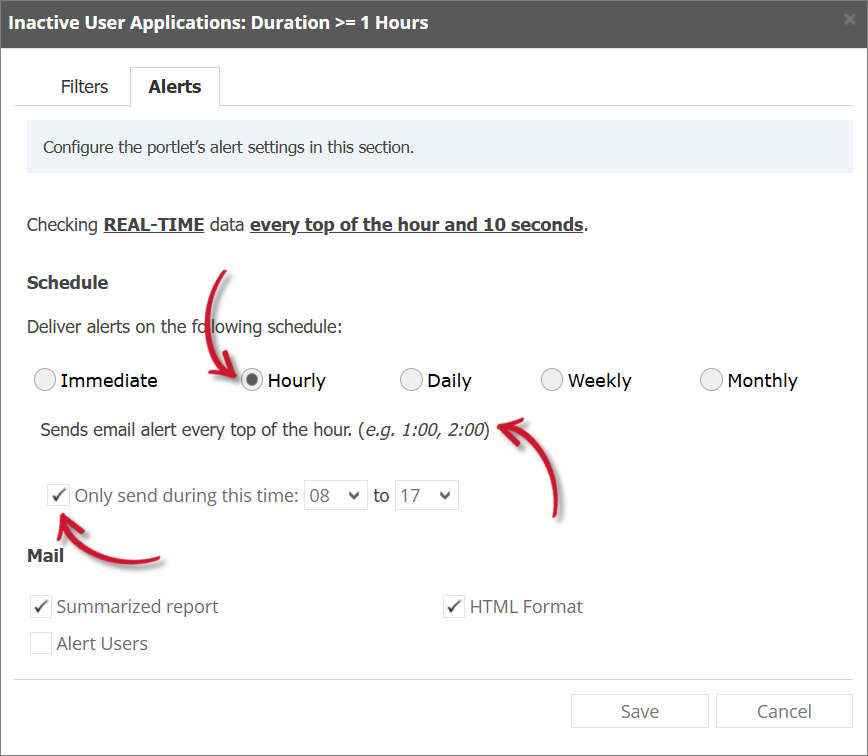 Inactive User Applications Alert Settings Hourly