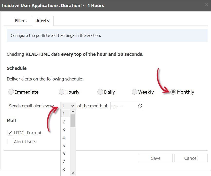 Inactive User Applications Alert Settings Monthly
