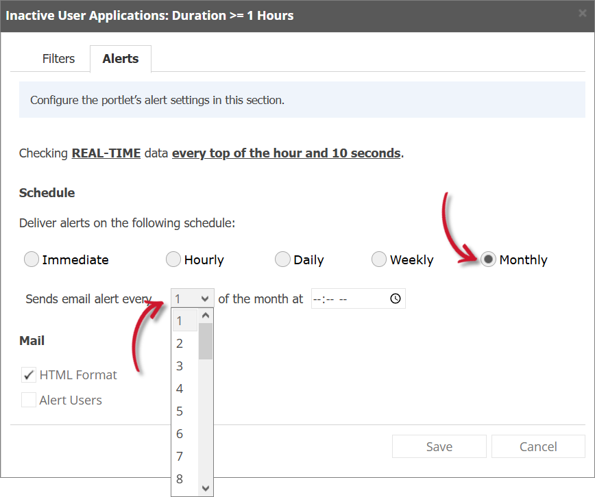 Inactive User Applications Alert Settings Monthly