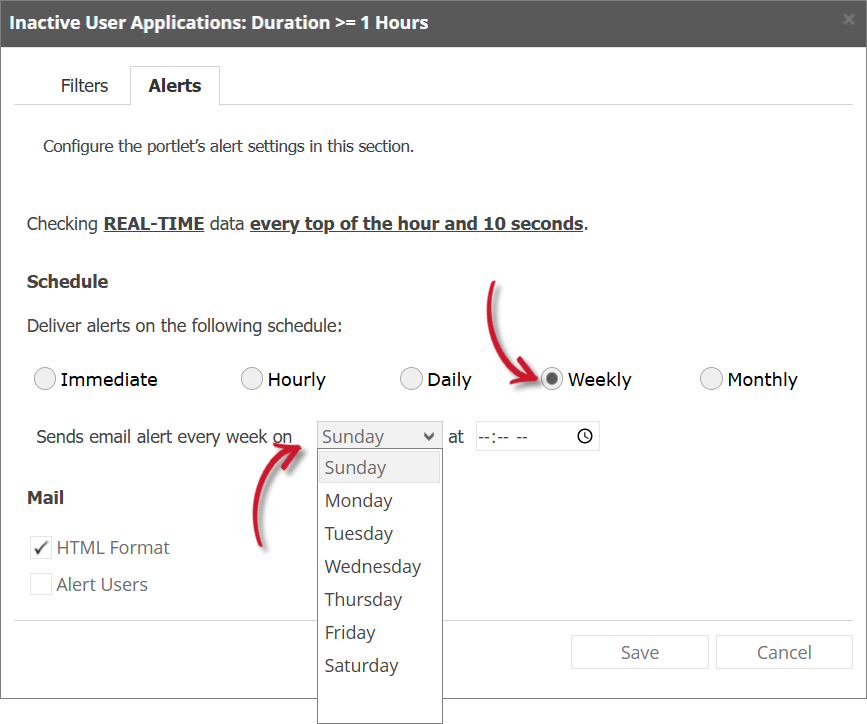 Inactive User Applications Alert Settings Weekly