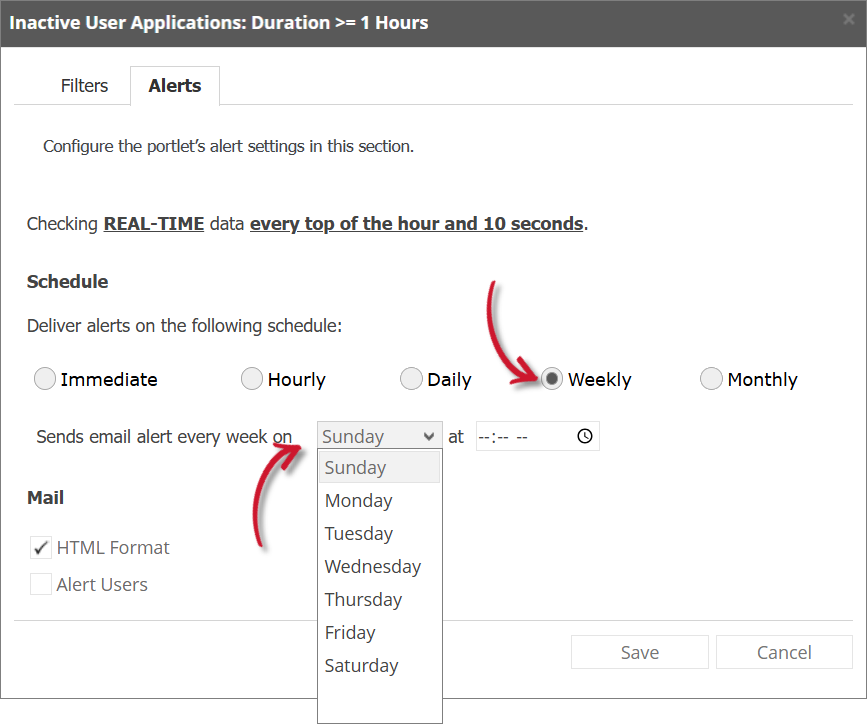 Inactive User Applications Alert Settings Weekly