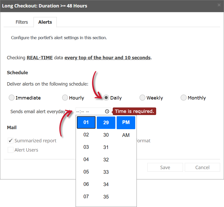 Long Checkout Alert Settings Daily