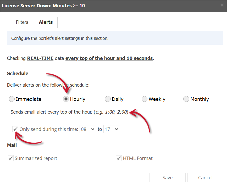 License Server Down Alert Settings Hourly