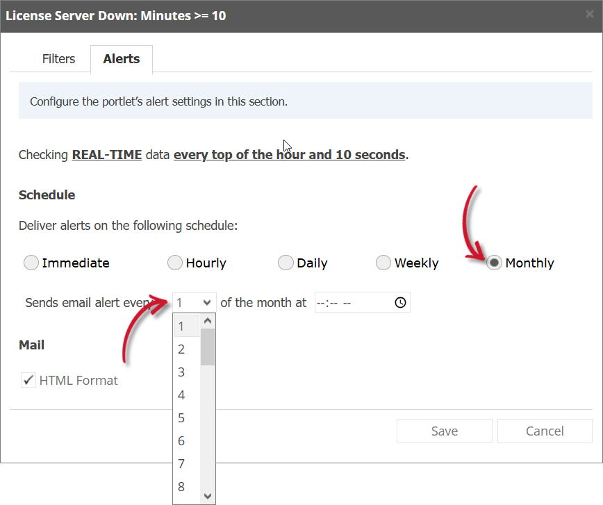License Server Down Alert Settings Monthly
