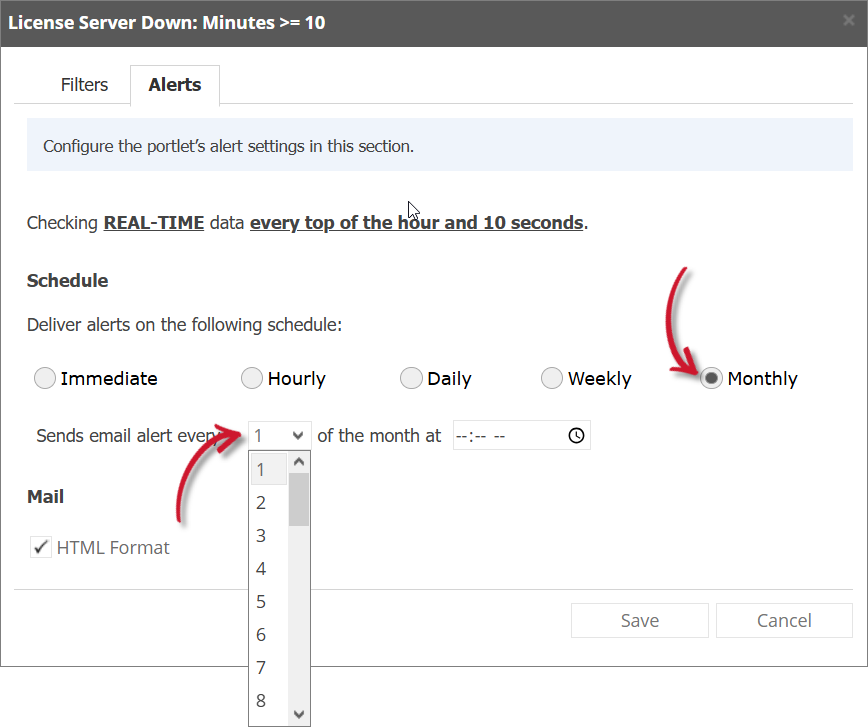 License Server Down Alert Settings Monthly