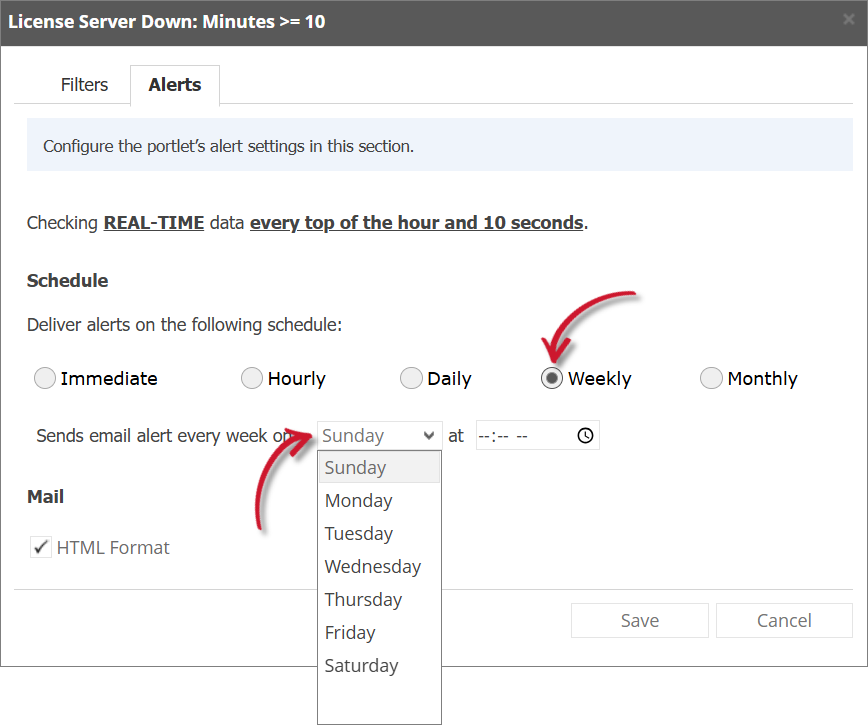License Server Down Alert Settings Weekly