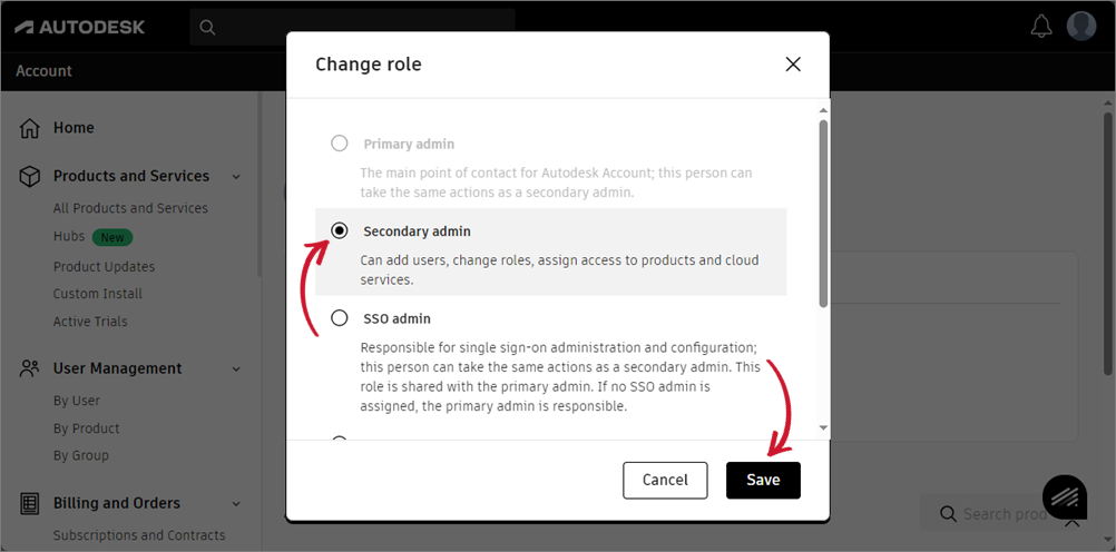 Select Secondary admin