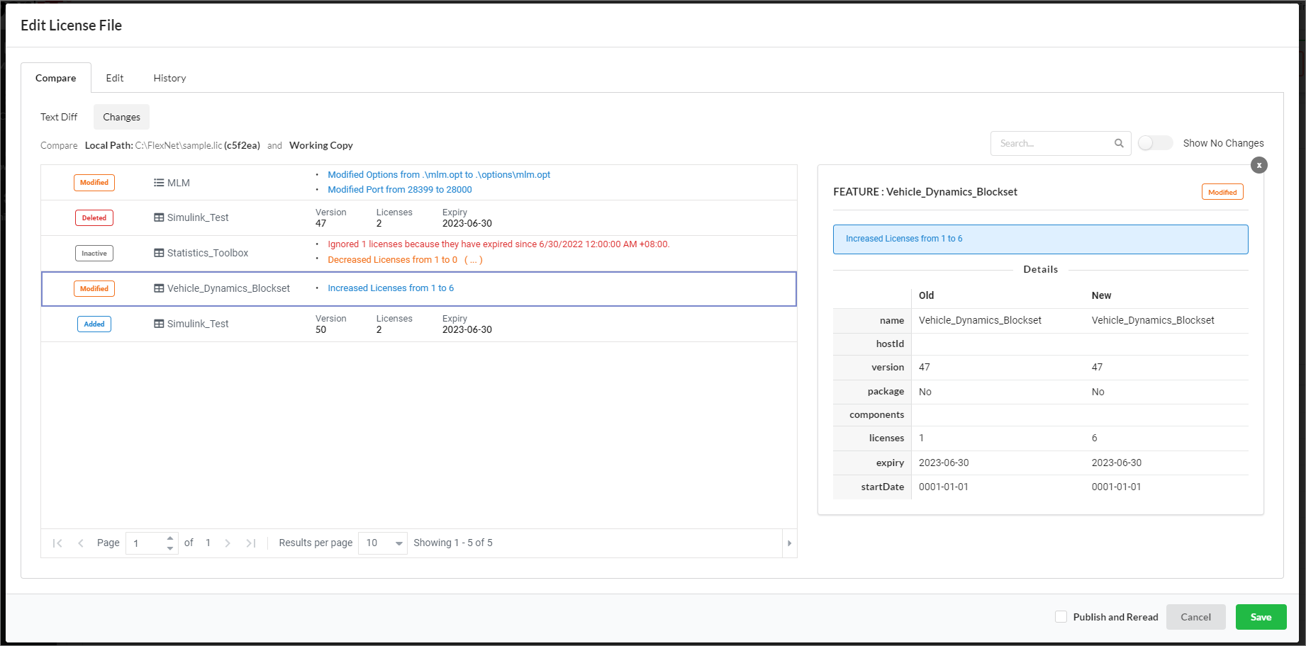 Semantic License Comparison: Changes Sub-tab