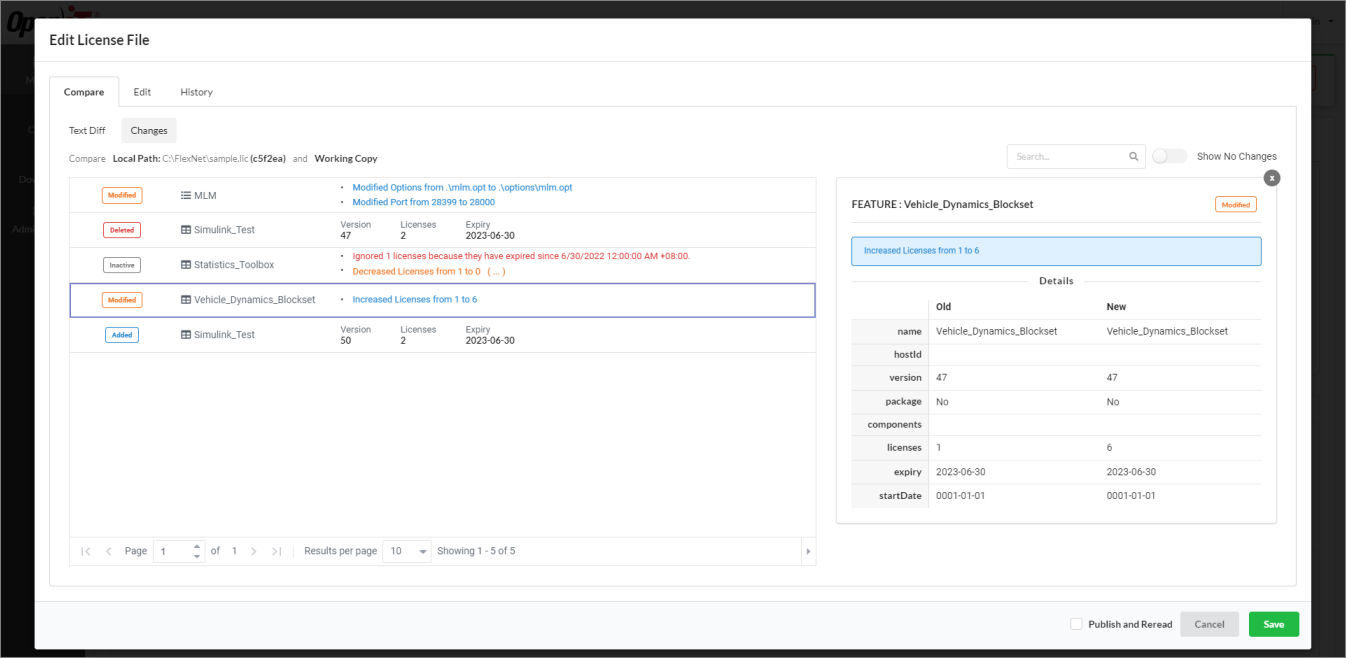Semantic License Comparison: Changes Sub-tab