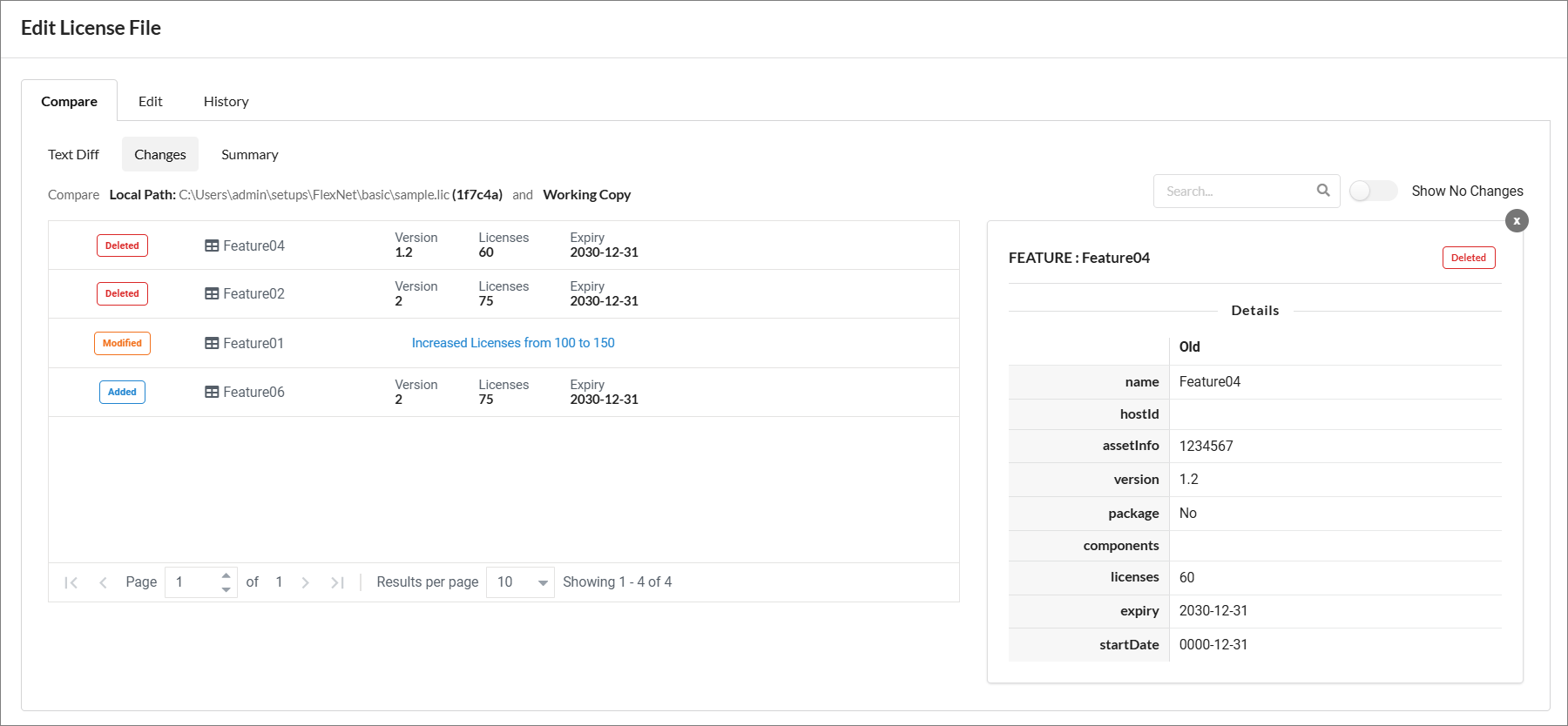 Semantic License Comparison: Changes Sub-tab