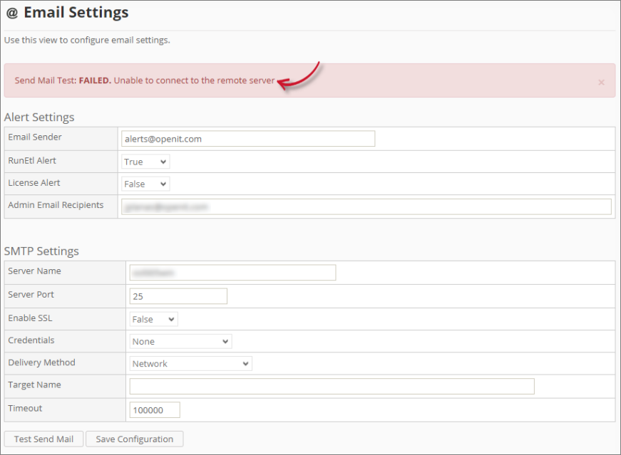 Send Mail Test Failed
