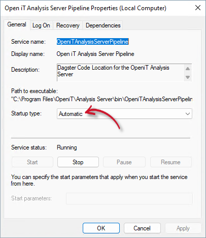Analysis Server Pipeline Service Startup Type