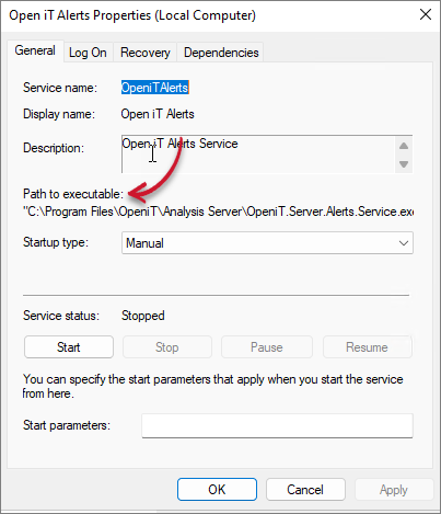  Open iT Alerts Service Properties