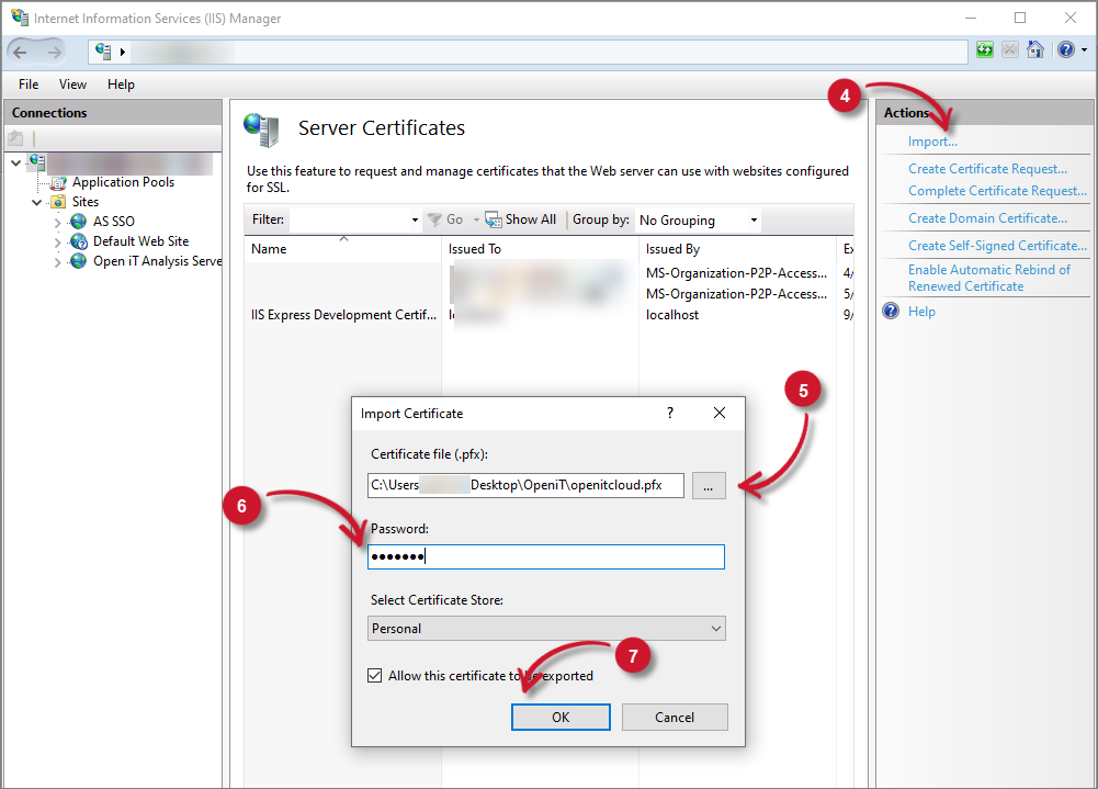 Web Site Import SSL Certificate