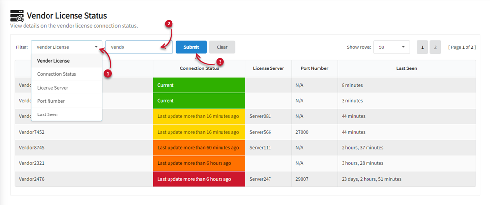 Filtering the Vendor License Status List
