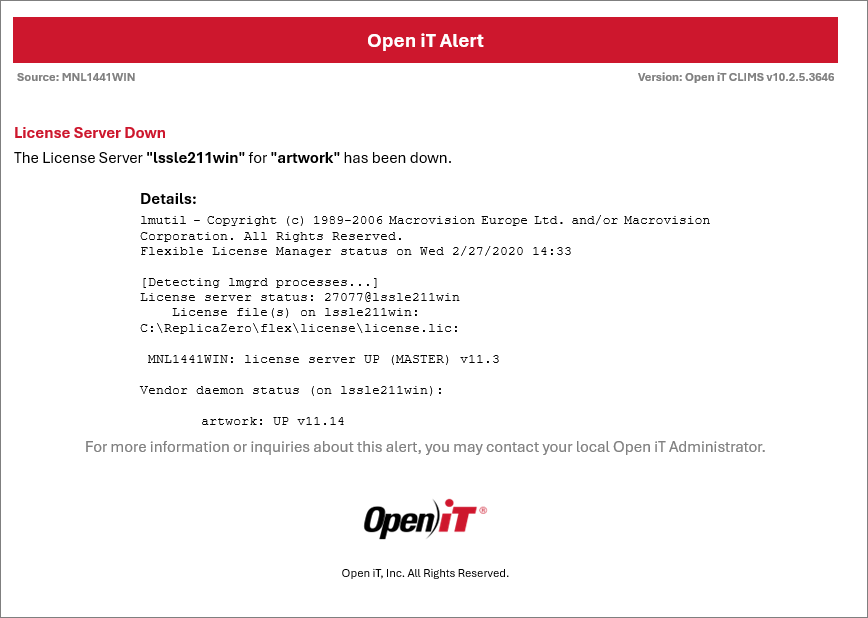 CLIMS Alerts and Notifications: License Server Down