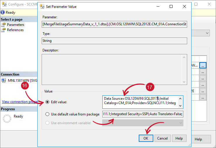 SCCM Integration: Configuring SSIS Package - Edit SCCM ConnectionString