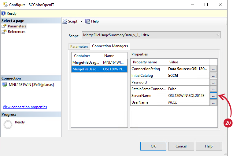 SCCM Integration: Configuring SSIS Package - Edit Server Name