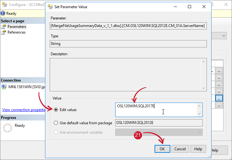 SCCM Integration: Configuring SSIS Package - Edit Server Name