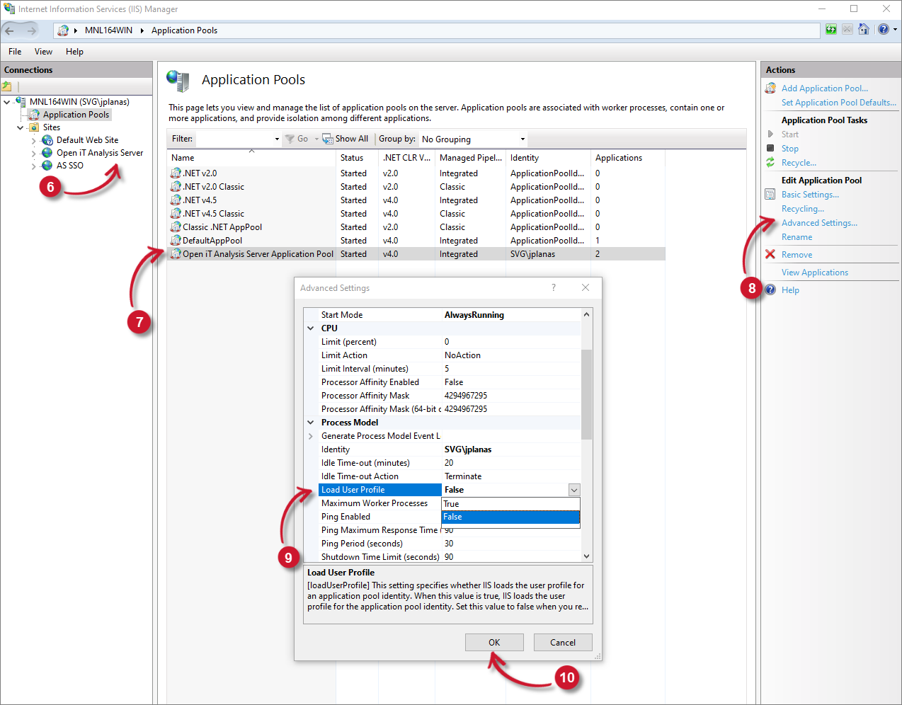 Analysis Server Configuration: Application Pool Advanced Settings