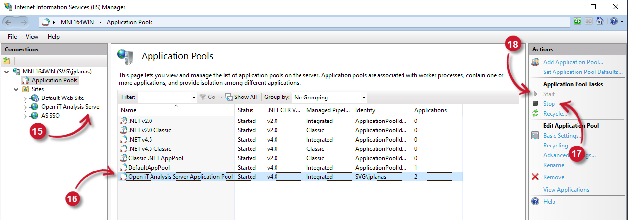 Analysis Server Configuration: Restart Application Pool