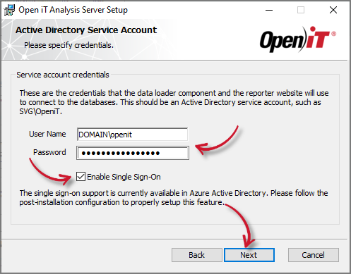 Analysis Server Installation: Service Account Credentials