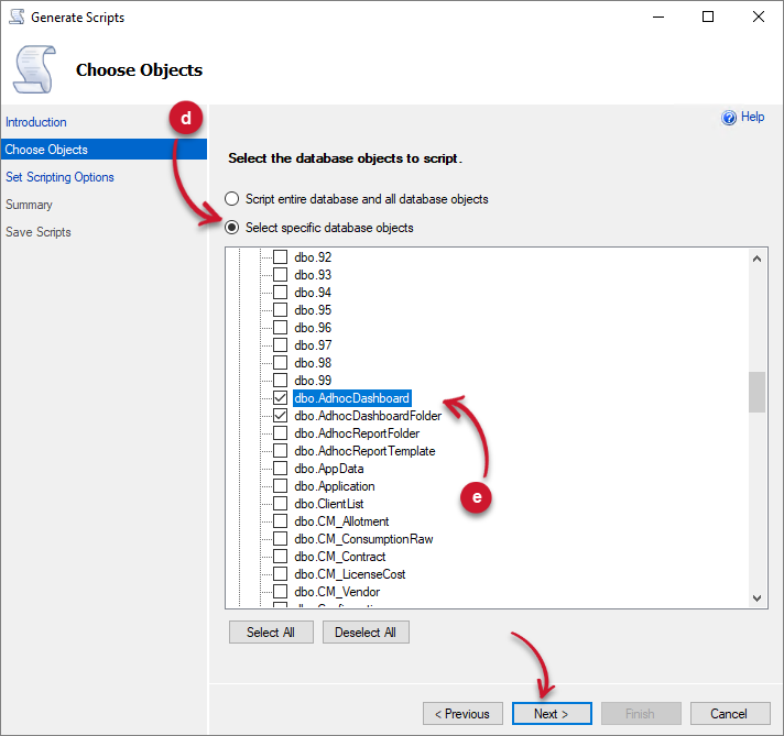 Analysis Server Migration: Generate Scripts Tables